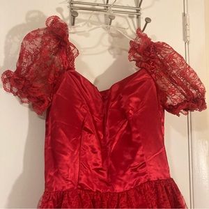 Vintage 80s Red Satin and Lace Handmade Dress